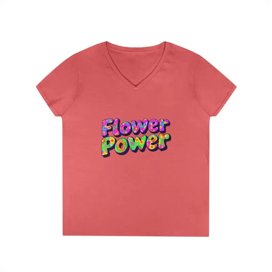 Pink women’s V-neck T-shirt with Flower Power graphic for Women’s V Neck Flower Power T Shirt