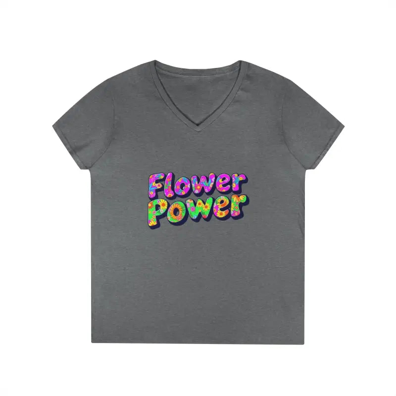 Gray women’s V-neck T-shirt featuring Flower Power graphic for Women’s V Neck Flower Power T Shirt