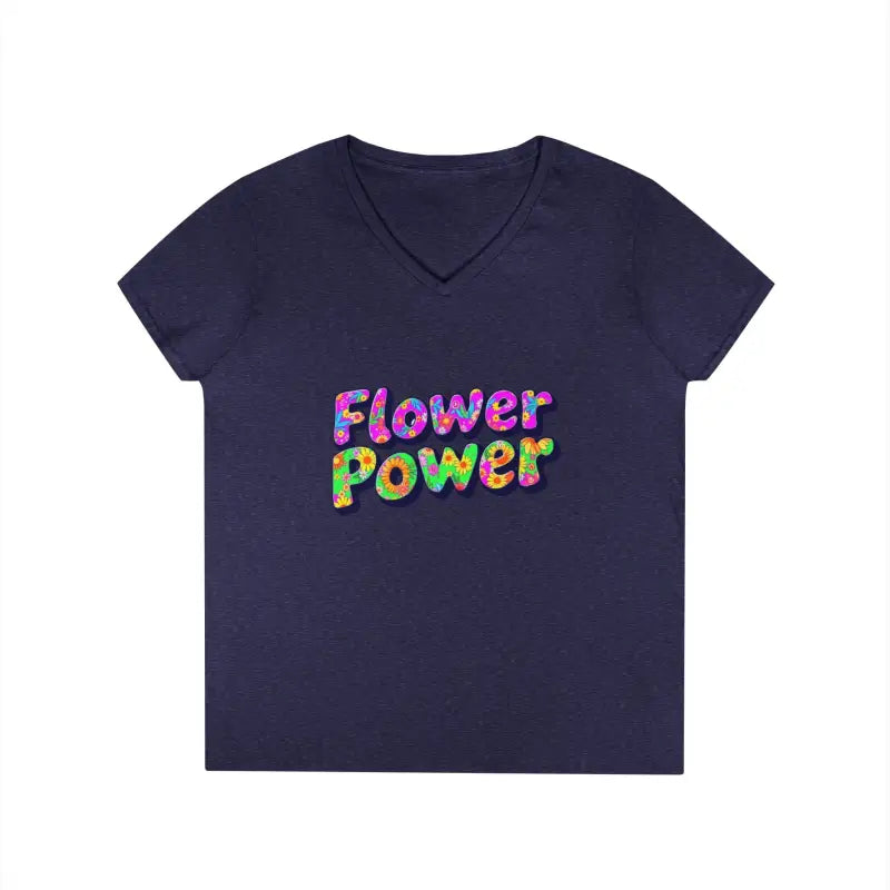 Dark blue women’s V neck T shirt with Flower Power in colorful patterned text