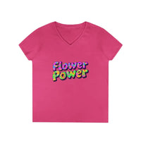 Pink short-sleeved V-neck T-shirt featuring Flower Power graphic for Women’s V Neck Flower Power T Shirt