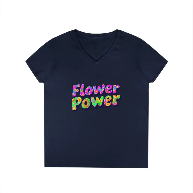 Navy blue women’s V neck T shirt with Flower Power in colorful textured letters