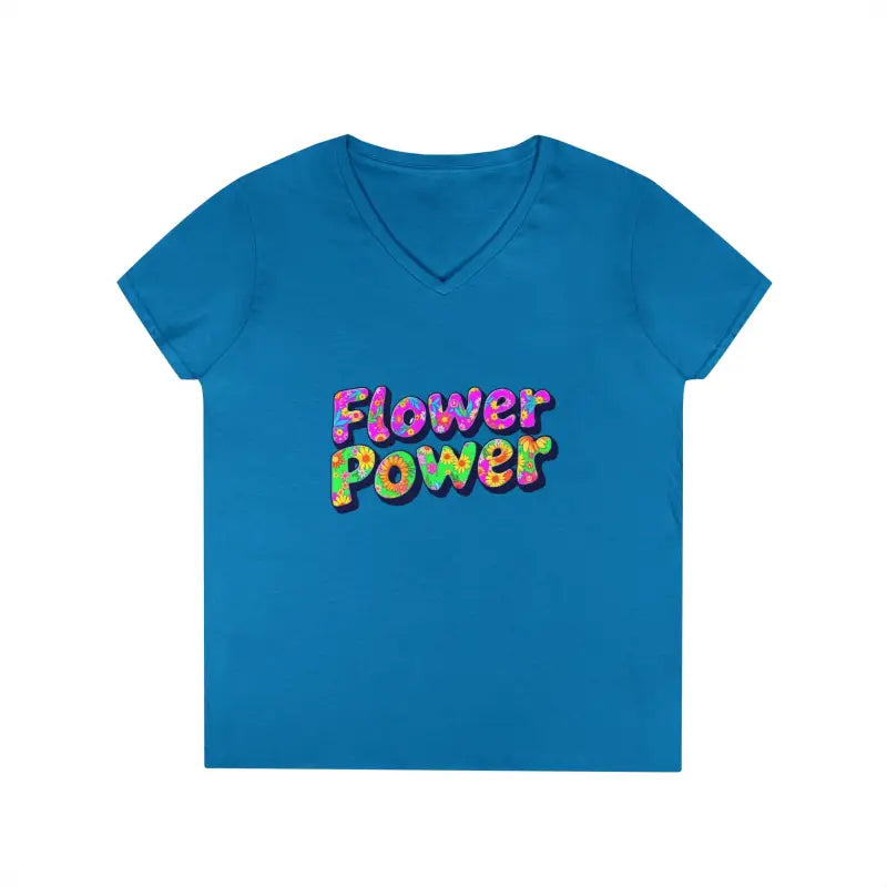Blue women’s V-neck T-shirt with Flower Power graphic from Women’s V Neck Flower Power T Shirt collection