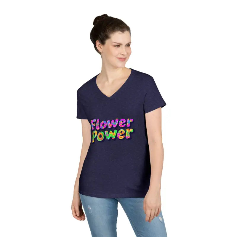 Woman wearing a dark blue V-neck T-shirt with Flower Power colorful lettering