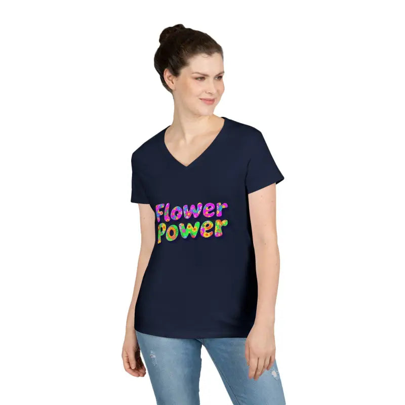 Woman wearing navy blue V-neck T-shirt with colorful Flower Power lettering