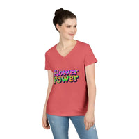 Woman wearing a short-sleeved V-neck Flower Power T Shirt with graphic design