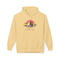 Yellow pullover hoodie with colorful sailboat sunset design on front