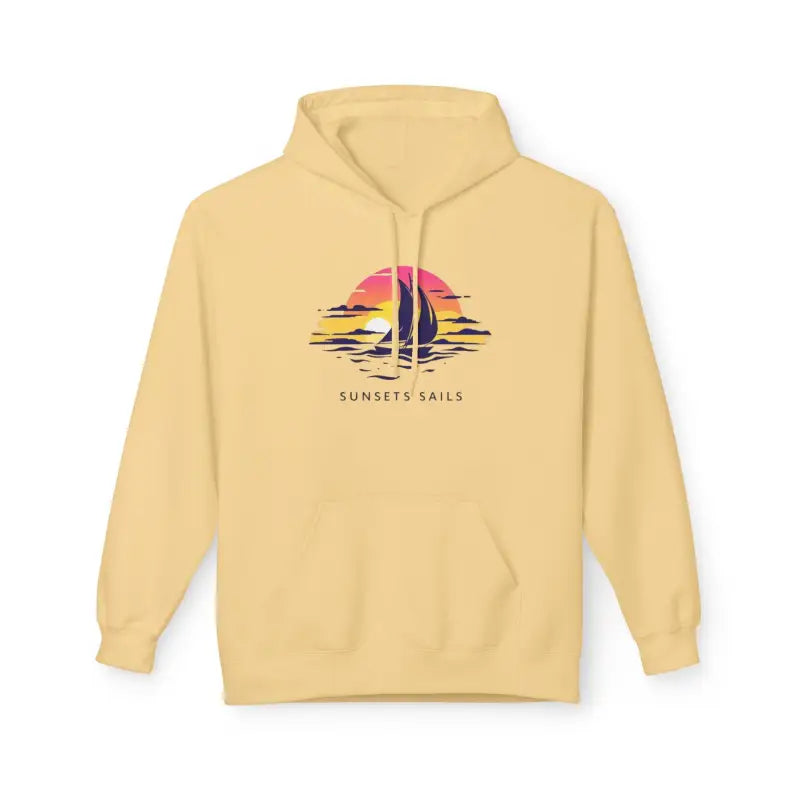 Yellow pullover hoodie with colorful sailboat sunset design on front