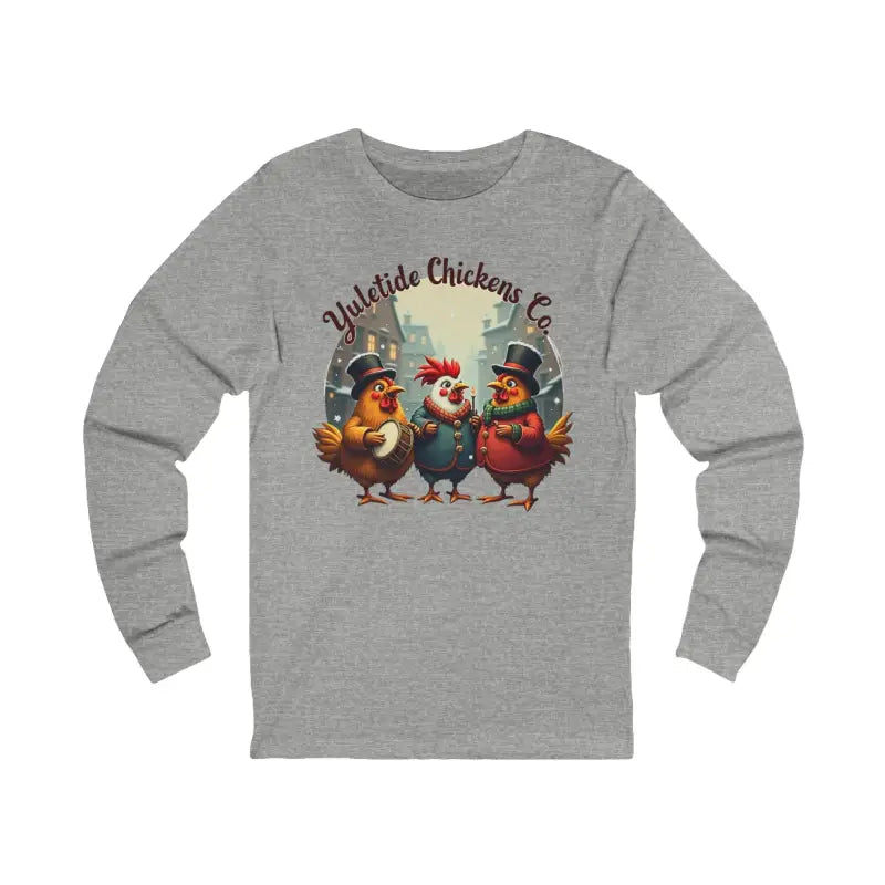Gray long-sleeved Yuletide Chicken Co shirt displayed on a neutral background