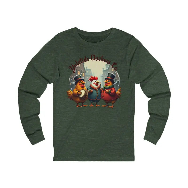 Green long-sleeved Yuletide Chicken Co shirt featuring a whimsical chicken illustration